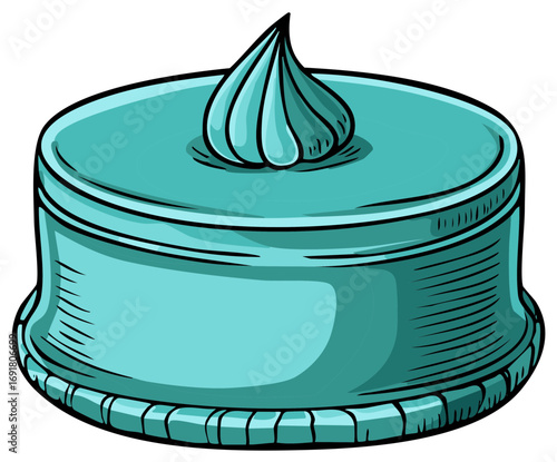 A Single Teal Turquoise Cake With Swirled Icing Decoration