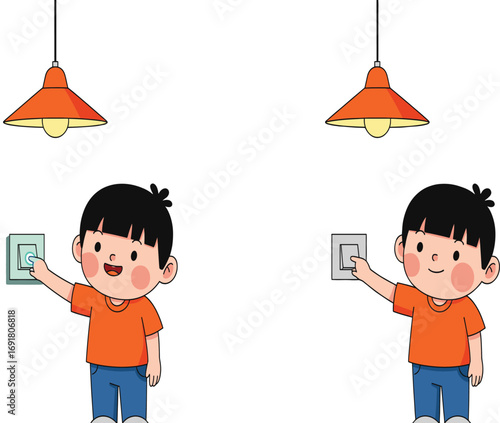 Cartoon child turning light switch on and off, electricity concept, cause and effect illustration, kids learning, vector art, home activity
