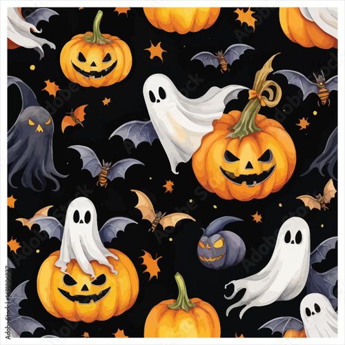 Spooky halloween pattern with pumpkins ghosts bats witch hat leaves and stars for festive designs