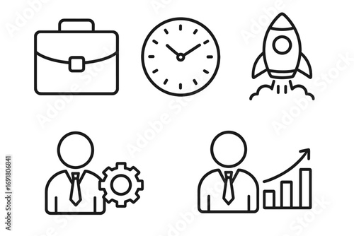 Business line icon set for startup success and project management. Modern thin line vector symbols of career growth, time management, briefcase, rocket launch and analysis.