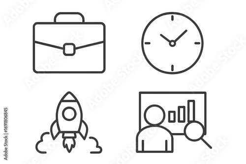 Business management icon set. Startup rocket, time clock, work briefcase, data analysis. Concept of project launch, business intelligence, deadline, career. Thin line icons.
