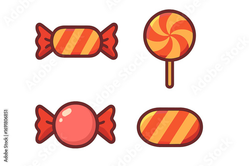 Candy and sweets vector icon set. Cartoon collection of various candies like lollipops, bonbons, and caramels. Sweet food dessert graphic elements for party celebration, sweet shop.