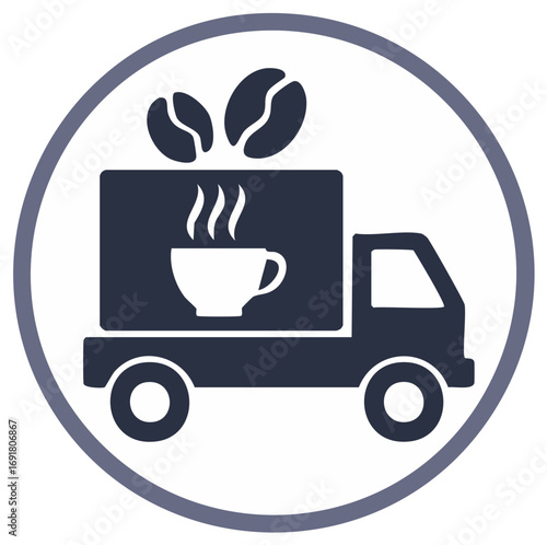 Stylized Coffee Delivery Truck with Beans and Hot Cup Icon in Circle