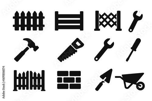 Solid silhouette icon set of construction and repair tools. Vector graphic for building and home improvement projects. Contains fence, hammer, saw, wrench, brick, and wheelbarrow.