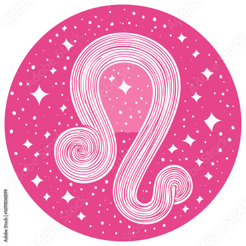 Zodiac symbol, Leo, with stars, on a pink background, astronomy illustration.