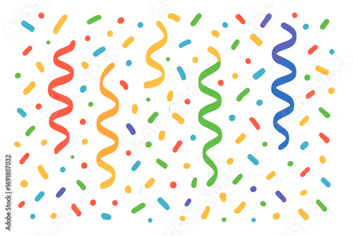 Colorful confetti and serpentine background for party celebration. Vector illustration in flat cartoon style for birthday, holiday, or carnival design. Festive explosion element.