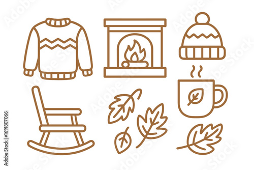 Cozy autumn icons collection. Fall season linear symbols set with sweater, fireplace, warm hat, hot mug, rocking chair, and leaves. Hygge lifestyle vector elements.