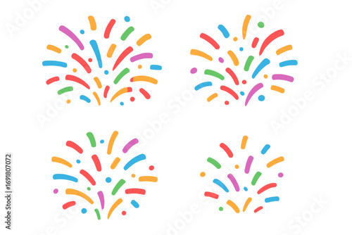 Confetti burst vector set. Colorful flat design. Party popper explosion. Festive fireworks illustration. Celebration, birthday, carnival, anniversary decoration elements.