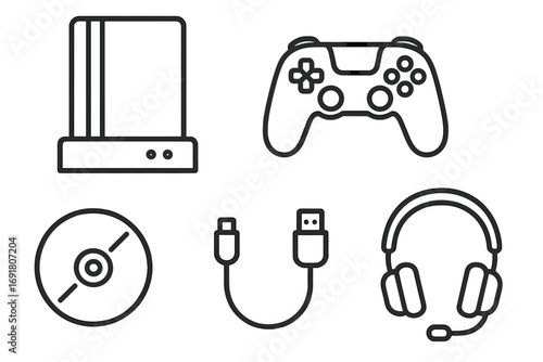 Gaming and esports line icon set. Video game console, controller, gamepad, headset, and accessories. Gamer entertainment equipment vector outline symbols collection.