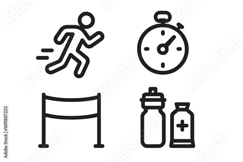 Marathon run icon set vector graphic. Minimal line art symbols for race day, runner training, and fitness. Contains stopwatch timer, finish line, and athlete nutrition elements.