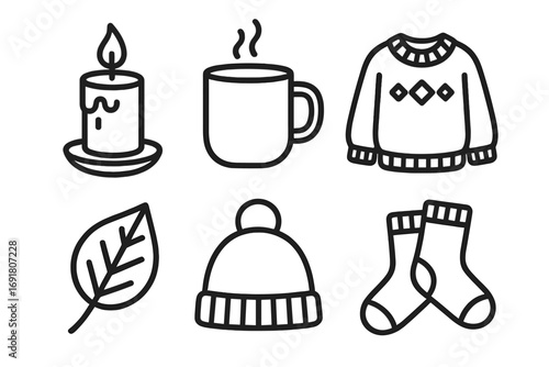 Cozy autumn icons collection. Hygge lifestyle elements set with candle, mug, sweater, leaf, hat, socks. Warm winter comfort concept in simple linear vector illustration.