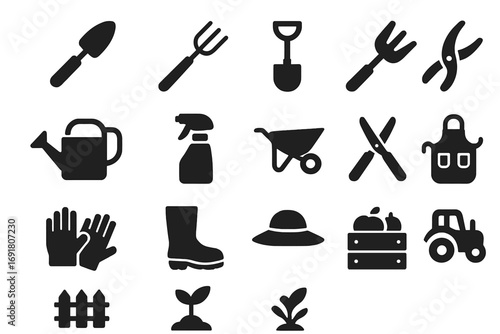 Gardening and farming tools icon set. Solid glyphs collection for agriculture and horticulture. Vector symbols of garden equipment, shovel, fork, tractor, wheelbarrow, plant.