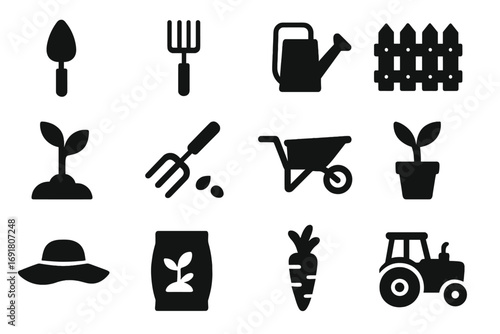 Gardening and farming solid icons set. Agriculture and horticulture equipment symbols. Garden tools, plant, tractor, and wheelbarrow glyph vector illustration collection.