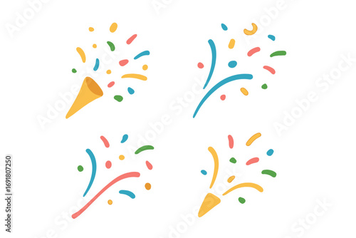 Confetti popper explosion and burst collection. Set of colorful party firework effects. Flat vector cartoon illustration for celebration design, isolated on white background.
