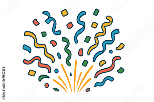 Confetti splash explosion vector illustration. Colorful party popper with flying ribbons and paper for celebration, birthday, or carnival design. Flat cartoon style graphic element.