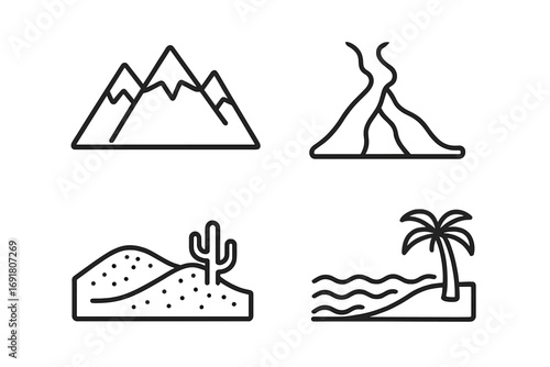 Geographic landscape icon set. Outline symbols of nature environments. Mountain range, river delta, desert with cactus, and tropical beach with palm tree vector illustration.