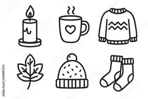Cozy autumn and winter essentials icons set. Line art vector illustration of candle, hot drink mug, warm sweater, maple leaf, knit beanie, and socks. Hygge comfort, seasonal home decor, relaxation.