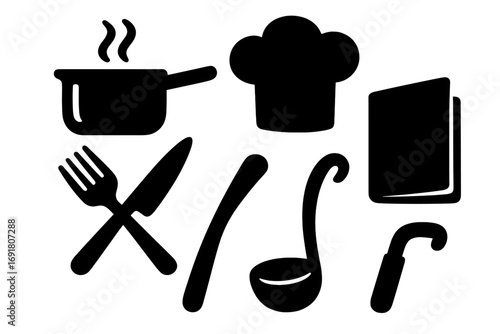 Kitchen icons cooking. Culinary tool silhouette set. Chef hat, pan, menu book, ladle, fork, knife. Restaurant equipment symbol. Gastronomy concept. Food preparation vector.