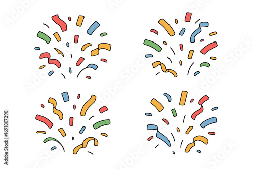 Confetti burst vector set. Colorful party popper explosion. Flat cartoon illustration for celebration, birthday, and carnival. Holiday surprise element collection. Isolated design elements.
