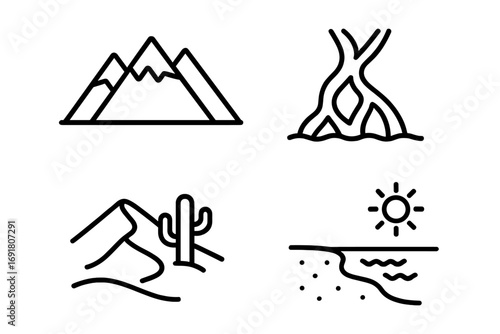 Geographic features icon set. Outline vector icons of mountain range, river delta, desert with cactus, and coastal beach. Nature and landscape symbols for travel and ecology.