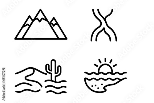 Geographic features line icon set. Simple outline vector symbols of nature landscapes. Mountain range, river delta, desert with cactus, and coastal beach with sun and sea.