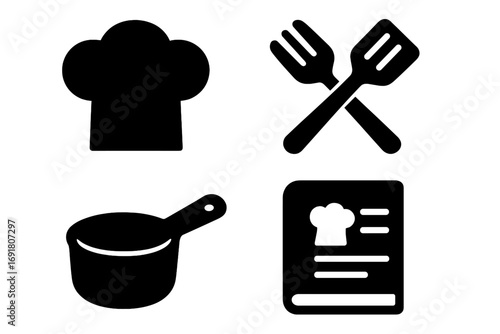 Set of culinary icons with kitchen tools and restaurant menu. Vector silhouette illustration of a chef's hat, fork, spatula, and saucepan. Cooking and gastronomy symbols.