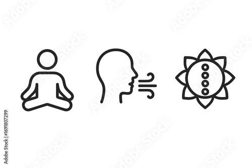 Mindfulness line icon set. Meditation, breathing exercise, chakra symbol. Minimalist vector for yoga, wellness, and mental health. Calm, harmony, spiritual balance concept.