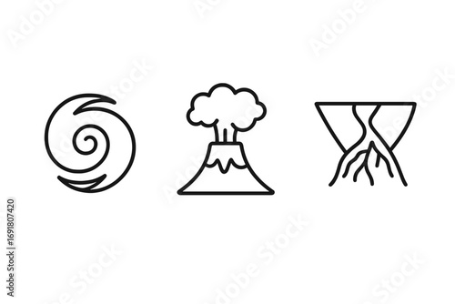 Geophysical phenomena icon set. Hurricane, volcano, river delta line icons. Natural disaster symbols for weather, geology, and earth science. Vector illustration collection.