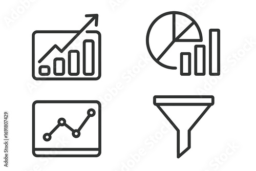 Data analysis linear icons set. Infographic elements with charts, graphs, and filters. Vector for business report, big data statistics, analytics dashboard, marketing funnel.