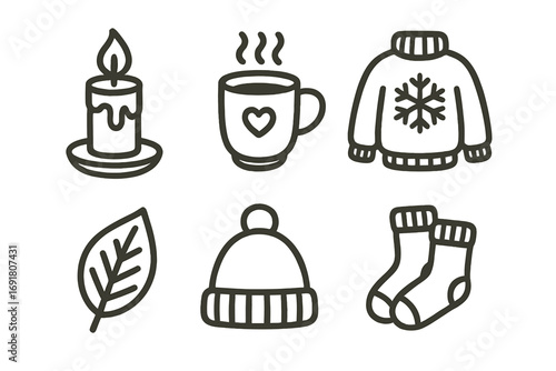Cozy winter and autumn icon set. Minimalist line art collection with candle, hot drink, sweater, leaf, hat, and socks. Hygge lifestyle elements for seasonal design. Vector.
