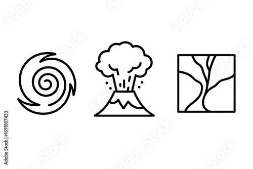 Geophysical phenomena icons. Outline icon set of hurricane, volcanic eruption, and river delta. Vector symbols for weather, disaster, geology, and science. Line art illustration.