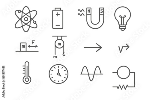 Physics icon set. Science and engineering symbols collection. Minimal line icons. Atom, magnet, battery, force, pulley, thermometer, wave, circuit. Education vector.