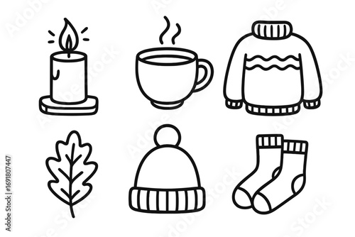 Cozy winter and autumn icon collection. Hygge lifestyle elements for comfort. Set with candle, hot drink, sweater, leaf, hat, socks. Minimalist outline doodle vector graphic.