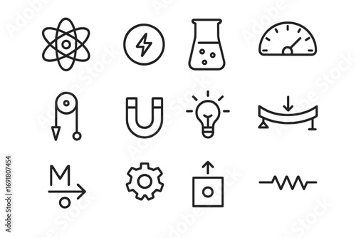 Physics engineering vector icons set. Atom, electricity, magnet, force, gear, idea lightbulb, mechanics. Minimalist scientific symbols for lab, education, infographic.