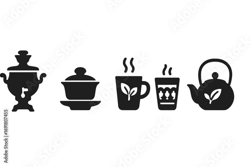 Global tea culture icon set. Solid glyph collection of international tea symbols like Russian samovar, Chinese gaiwan, masala chai cup, Moroccan glass, Japanese teapot.