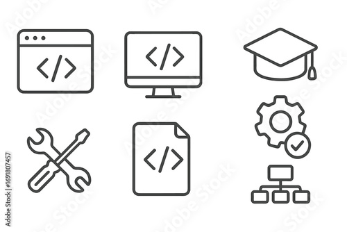 Programming line icon set. Minimalist vector symbols for developers and engineers. Web development, software coding, and IT education. UI icons for settings, code, and project management.