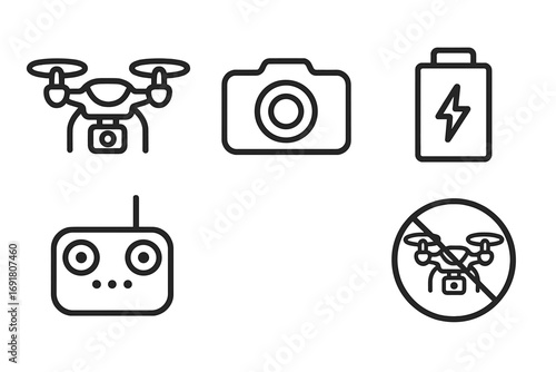 Drone icon set with camera, controller, battery, and no-fly zone sign. Vector line art for aerial photography and quadcopter technology. Minimalist UAV pilot symbols pack.
