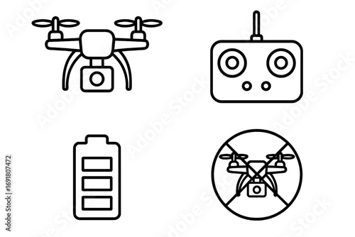 Drone icon set in a linear style. Quadcopter with camera, remote controller, battery charge indicator, and a no-drone zone sign. UAV technology pictograms for web design.