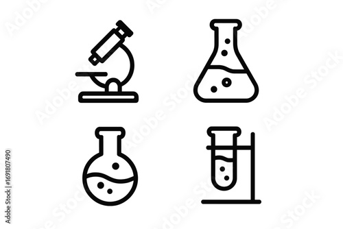Science lab equipment minimalist icon set. Vector line art for chemistry and biology research. Includes microscope, Erlenmeyer flask, beaker, test tube cartoon symbols.