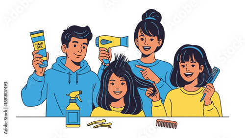 Happy diverse family members enjoying a fun diy haircut session at home with styling tools and hair products for a new look