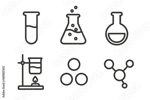Science and chemistry line icon set. Minimalist vector illustration of lab equipment symbols for research, experiment, and education. Test tube, flask, beaker, molecule icons.