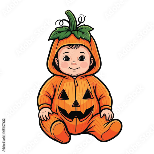 Vector art of cute baby in a pumpkin costume illustration