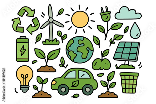 Eco-friendly doodle set of renewable energy and sustainability icons. Green technology concept with planet earth, solar panel, wind turbine, electric car. Ecology vector cartoon.