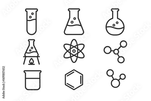 Science icon set lab equipment chemistry. Minimalist line art symbol collection. Vector research experiment. Test tube flask beaker burner atom molecule benzene ring formula.