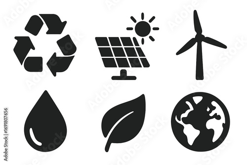 Ecology icon set. Recycling symbol, solar panel, wind turbine. Water drop, leaf, earth globe signs. Green energy, sustainability, conservation and environment vector elements.