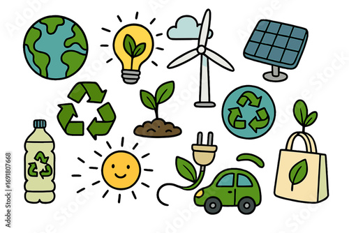 Set of eco-friendly doodle icons. Hand-drawn sustainability and renewable energy symbols. Vector cartoon illustration of planet earth, recycling, green power, and nature.