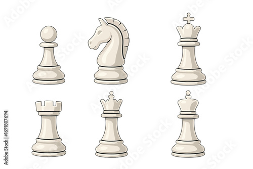 Chess pieces vector icon set. White elegant cartoon figures for a board game. King, queen, rook, knight, pawn, bishop illustration. Strategy, competition, and hobby concept.