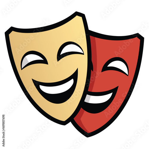 Yellow and Red Comedy Theater Masks with Happy Expressions on White Background tragedy drama
