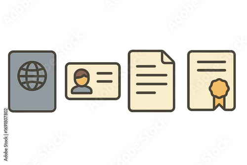 Essential document icon set: passport, ID card, legal paper, certificate. Vector symbols for identity verification, personal profile, citizenship, and official paperwork.