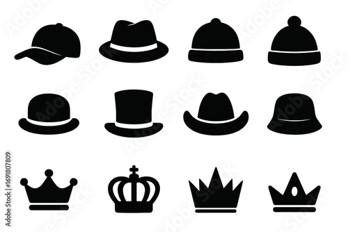 Hats and crowns silhouette vector icon set. Headwear collection for graphic design. Fashion accessory symbols including cap, fedora, top hat, cowboy hat, and royal king crown.